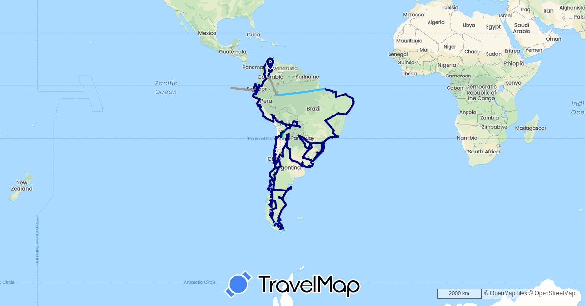 TravelMap itinerary: driving, bus, plane, hiking, boat in Argentina, Bolivia, Brazil, Chile, Colombia, Ecuador, Peru, Paraguay, Uruguay (South America)